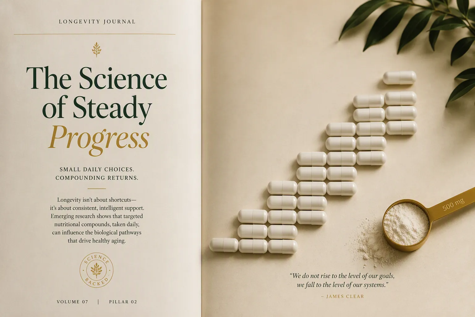 NMN capsules arranged as ascending steps showing dosage progression