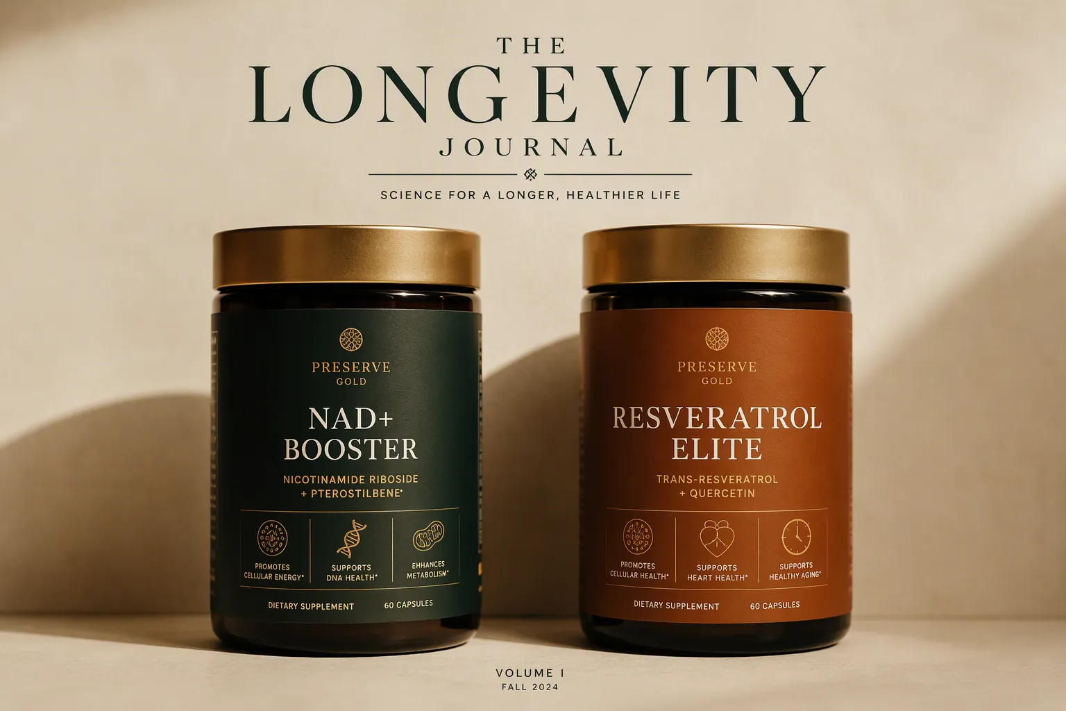 Two supplement jars side by side comparing NMN and NR NAD+ boosters