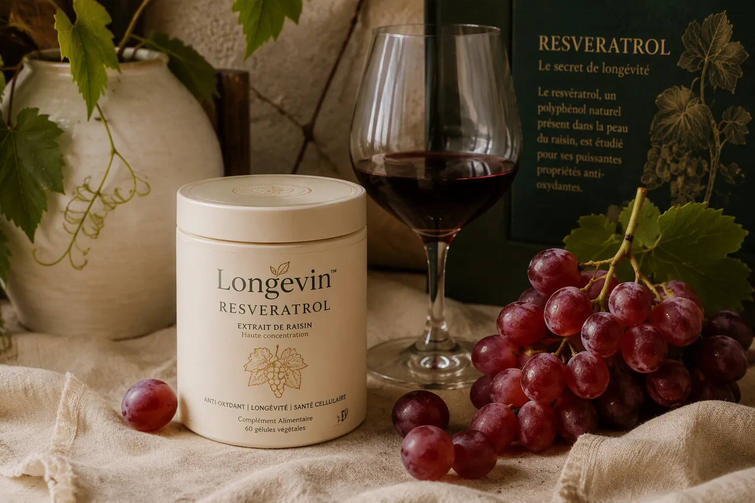 NMN supplement jar beside red grapes and a glass of red wine — resveratrol synergy