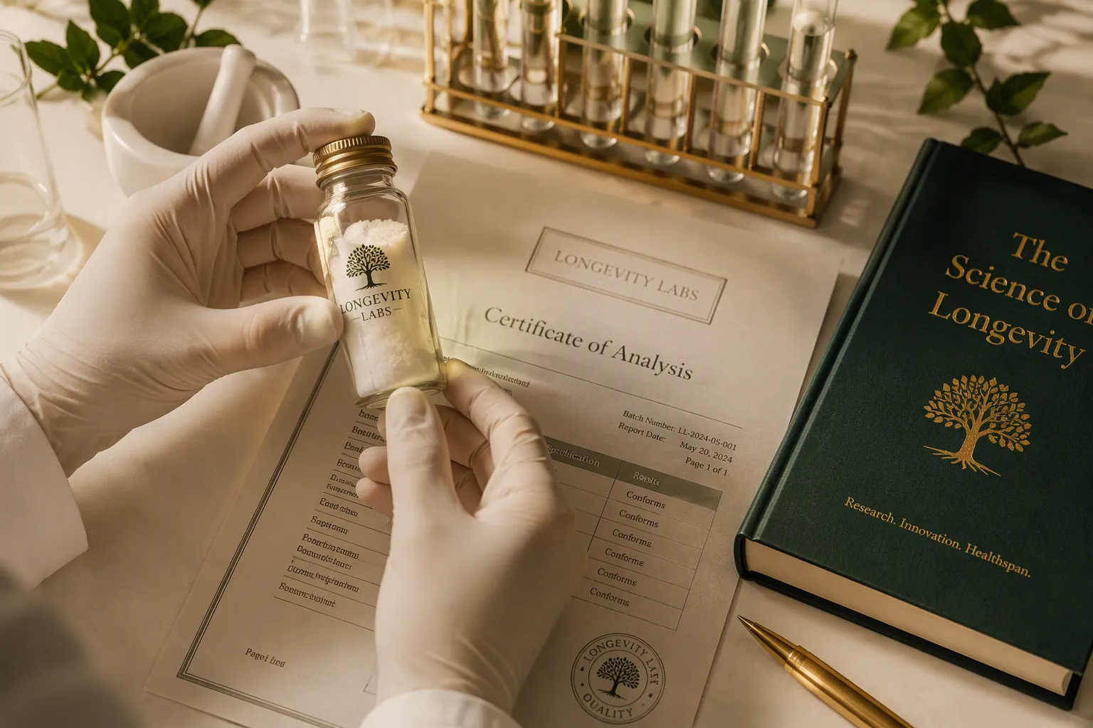 Laboratory purity testing of NMN powder with certificate of analysis