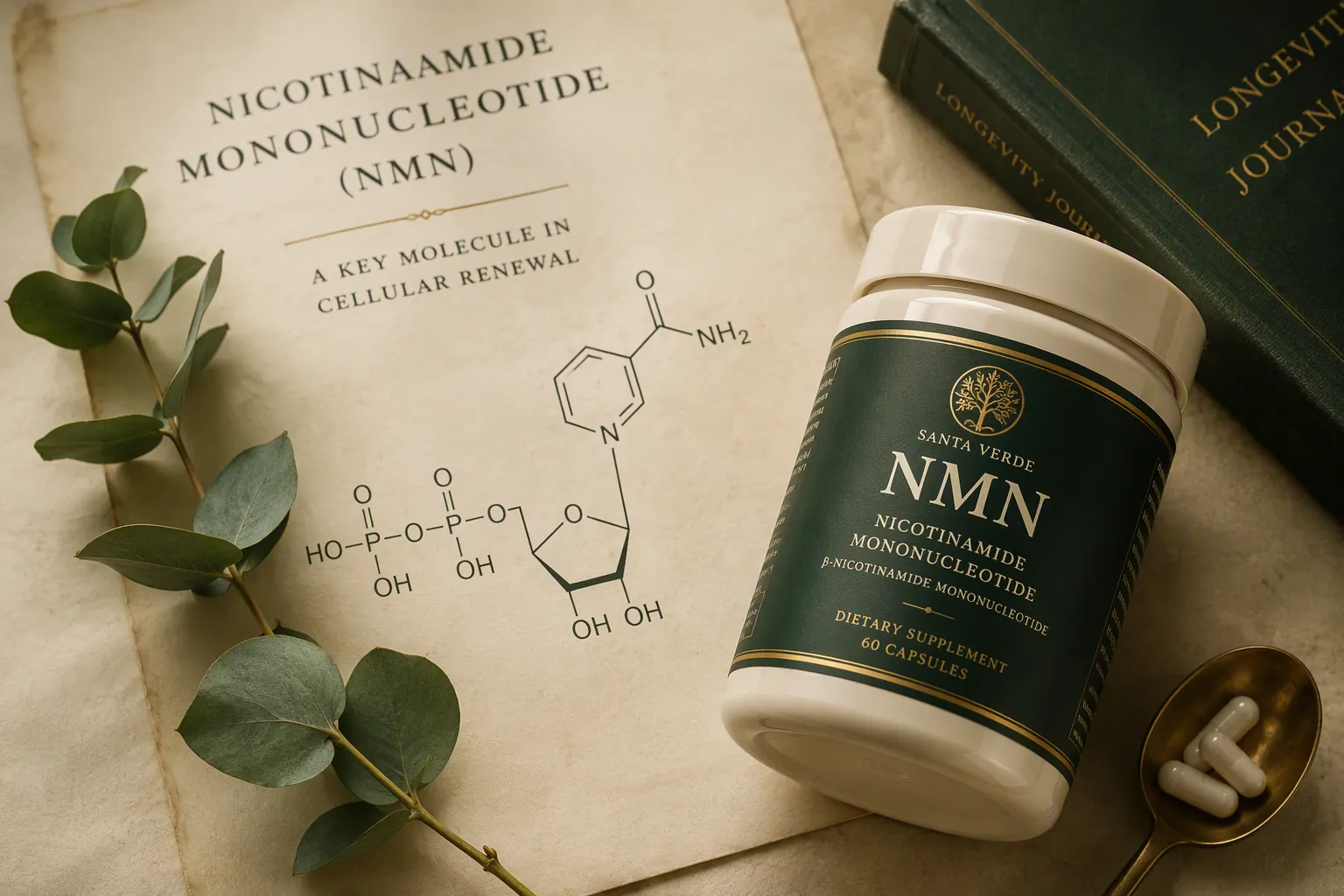 NMN supplement jar beside a molecular diagram of nicotinamide mononucleotide
