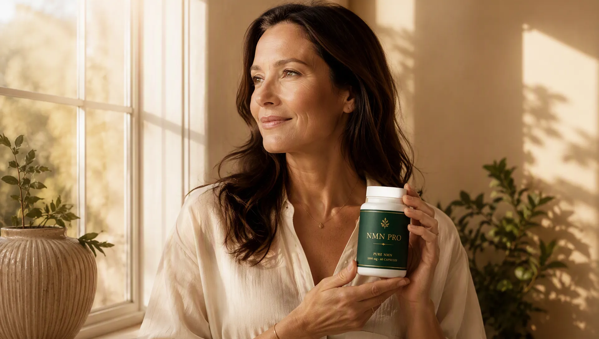Woman holding an NMN Pro supplement jar in warm morning light