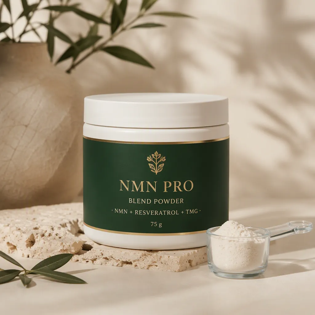NMN Pro longevity blend powder jar — 1000 mg NMN, 1000 mg resveratrol, 500 mg TMG per scoop